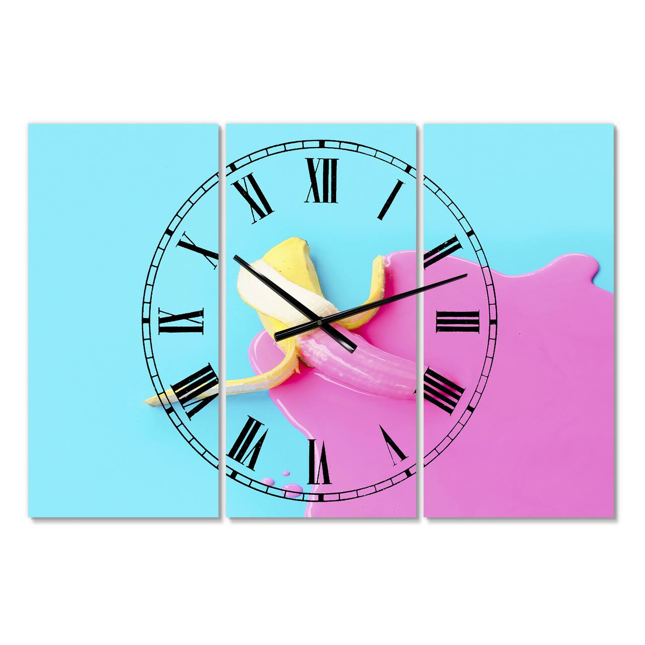 Designart 'Pink And Blue Banana Large Modern Multipanel Wall Clock